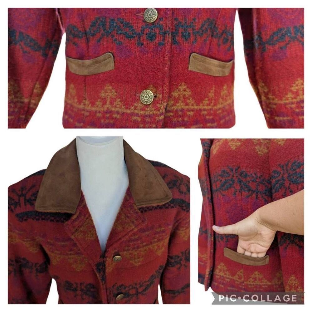 Vintage Woolrich Jacket Red Southwestern Aztec Suede Trim Wool USA Size S Button - Picture 5 of 10